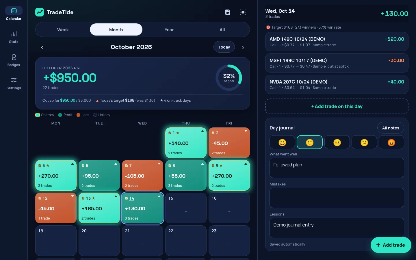 TradeTide on Windows with the calendar and day journal